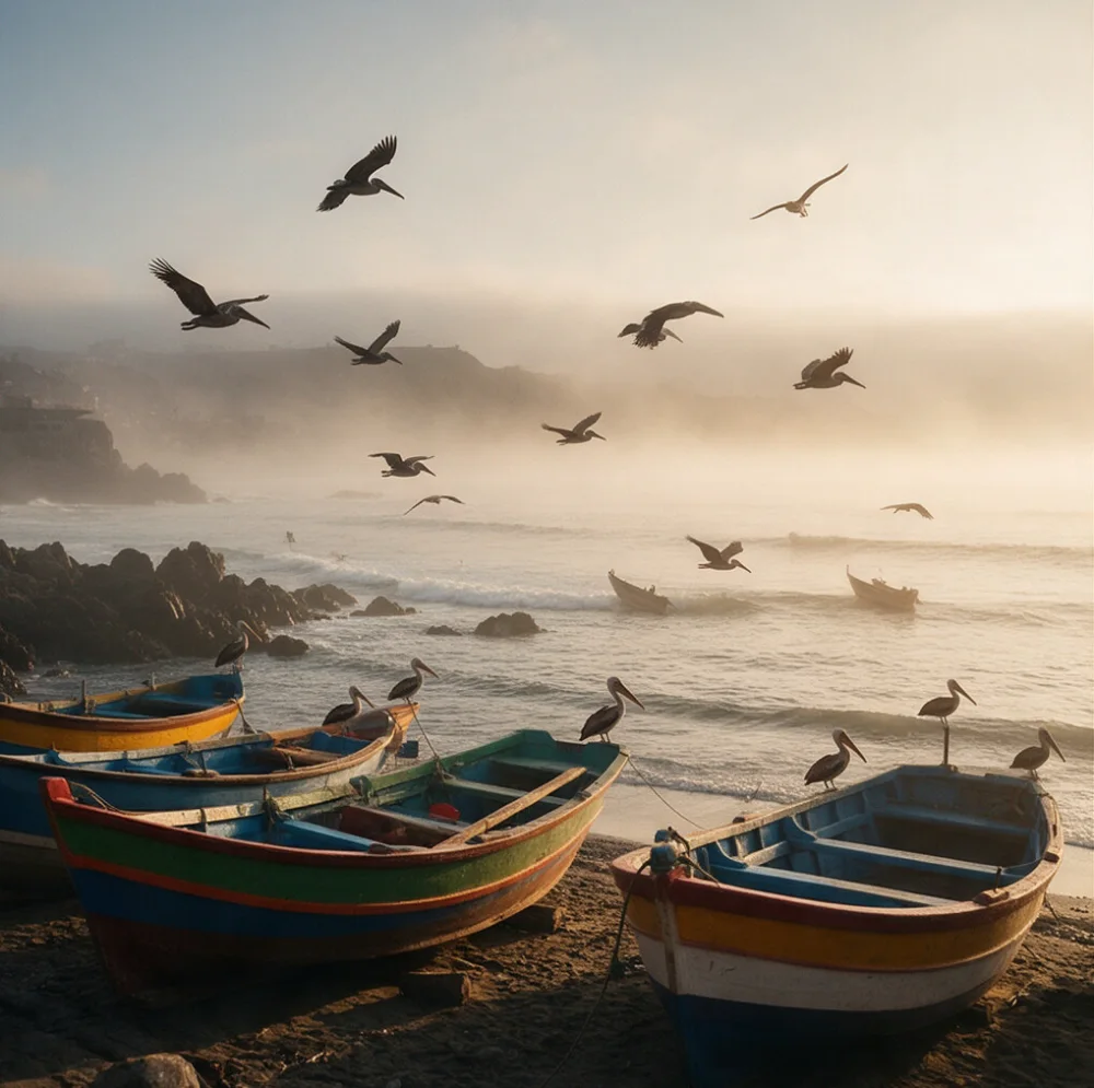 Botes de pesca de colores en una caleta al amanecer, con pelícanos